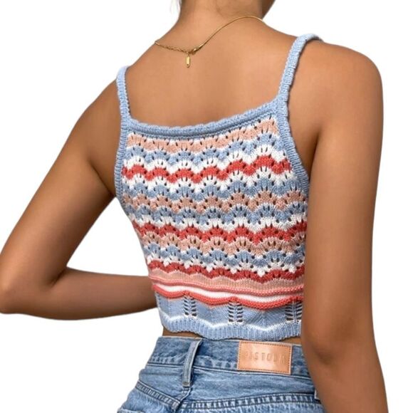 Cropped Boho Beachy Thick Knitted Blue Striped Tank Top Crop Too Shirt - Picture 2 of 3